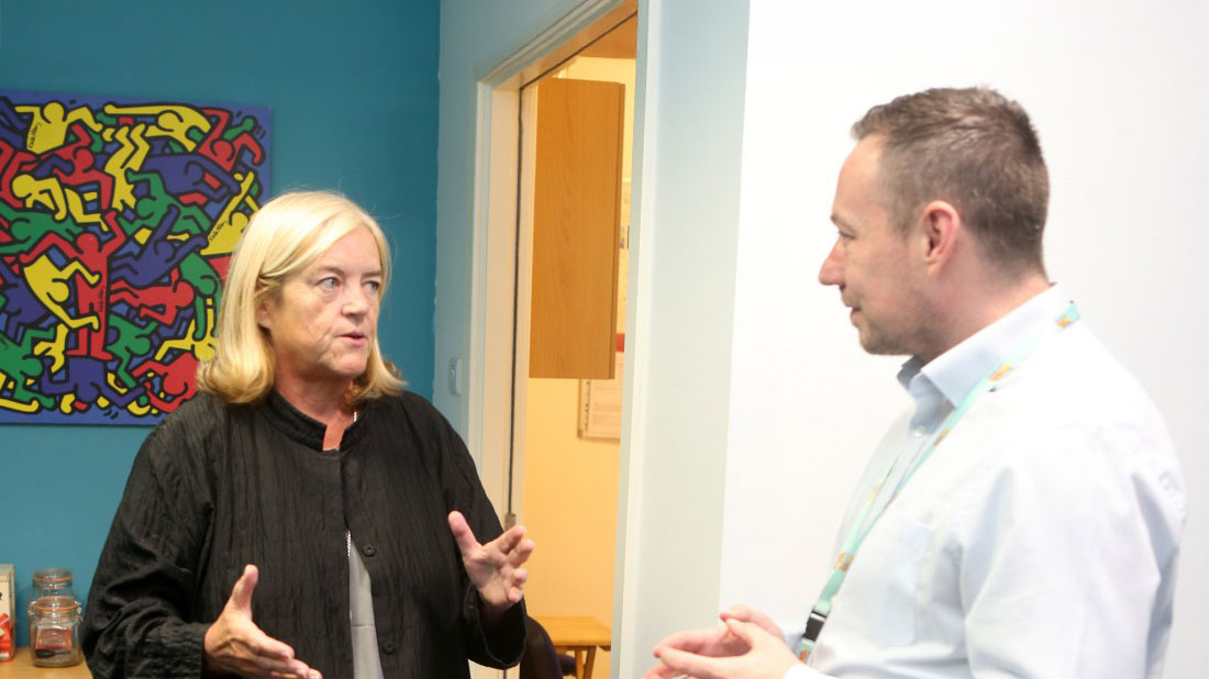 Baroness Louise Casey with CEO Luke Bramhall during a visit to the Newcastle Carers Centre in Byker.